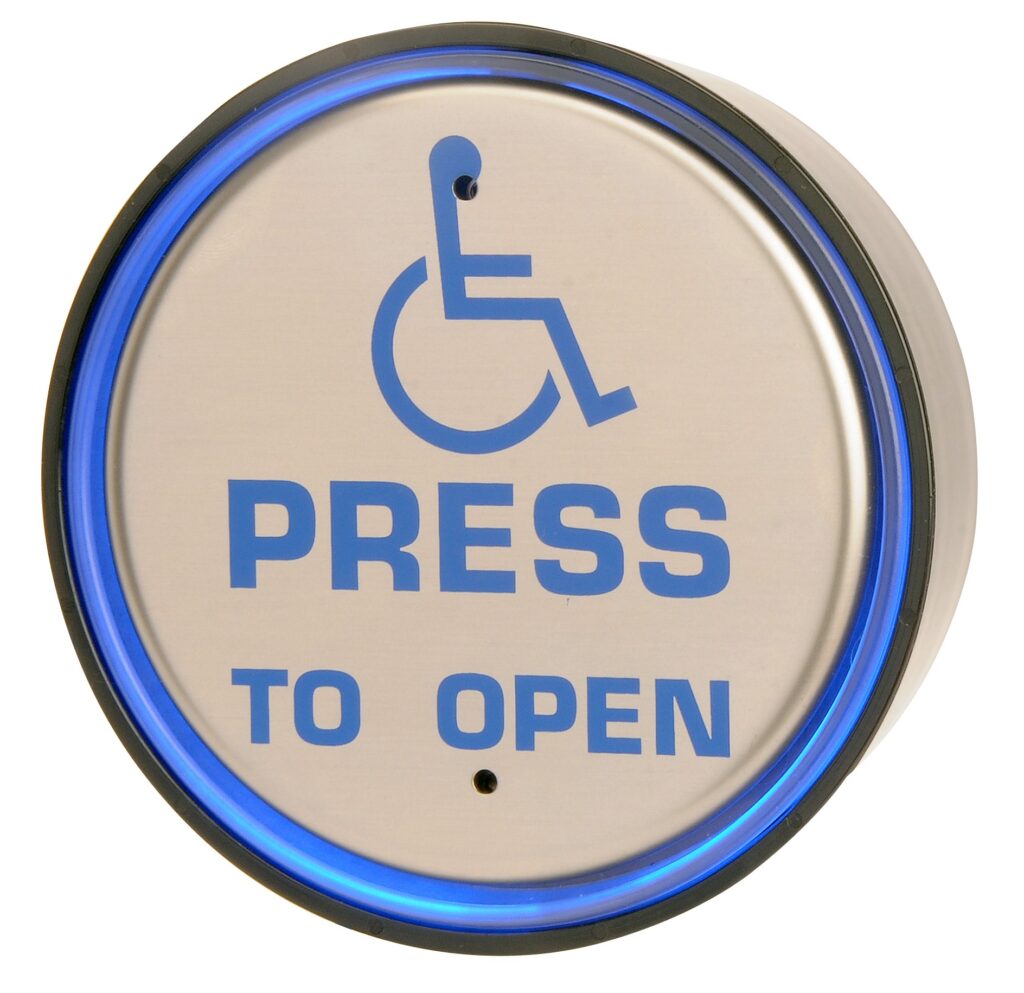 Hotron Stainless Steel Back-lit Push Pad for Automatic Swing Doors illuminated with "press to open" and wheelchair logo