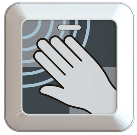 Hotron ClearWave hygienic, touchless, automatic door activation switch with hand graphic.