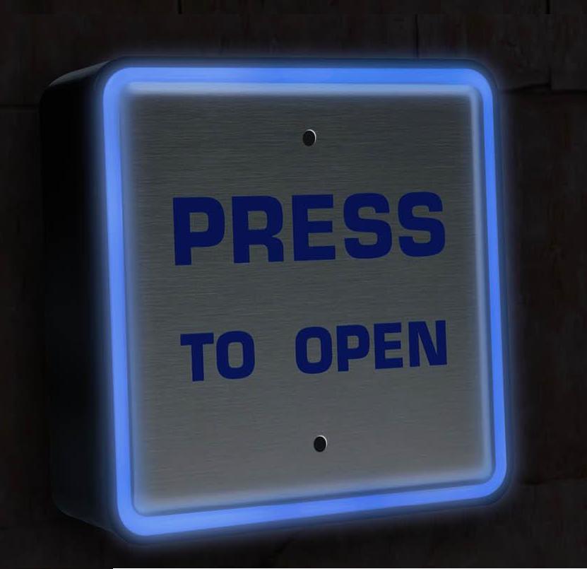 Hotron Stainless Steel Back-lit Push Pad for Automatic Swing Doors illuminated with "press to open" and wheelchair logo