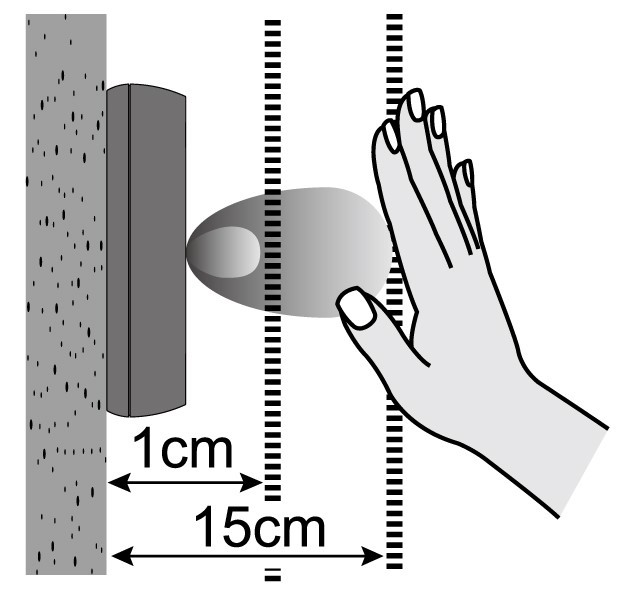 Diagram of detection distance of Hotron AerWave hygienic, touchless and wireless automatic door activation switch.